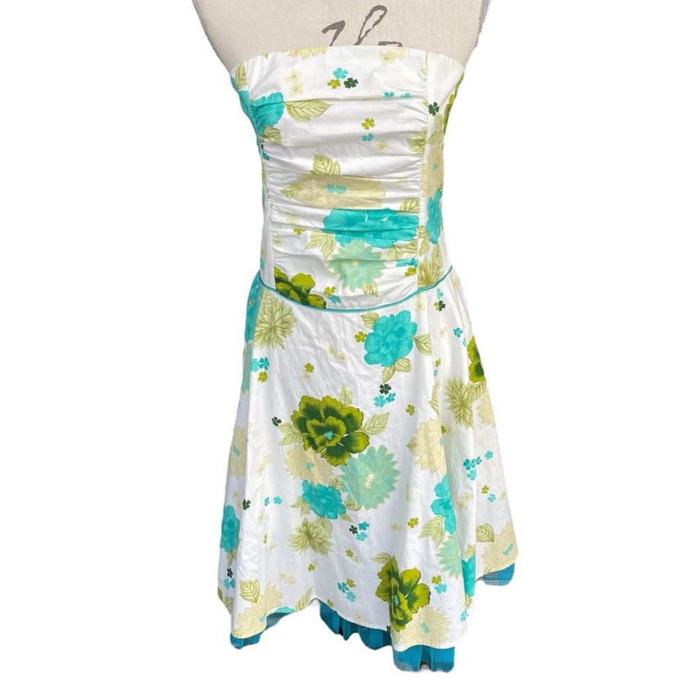 Ruby Rox White/Teal/Green Floral Cotton Strapless Crinoline A-Line Dress (M)
